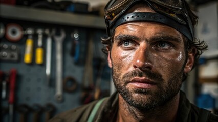 Poster - Closeup of a mechanics rugged face framed by a backdrop of tools and machinery with sweat glistening on their brow illustrating determination and hard work.