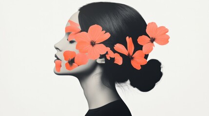 Wall Mural - woman in profile with orange flowers