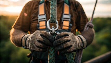 Poster - Closeup of the linemans weathered hands gripping a safety harness the calluses and dirt on his fingers telling a story of experience and resilience. The soft blurred greenery
