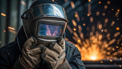 Poster - Closeup of the welders gear showcasing the intricate textures of the gloves and the reflective visor all framed by a flurry of vibrant sparks in the blurred background.