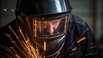 Aufkleber - Closeup of the welders face shield showcasing the fiery sparks against the visor creating a mesmerizing play of light and shadow while the intense concentration in the welders brow