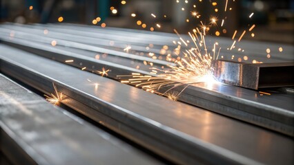 Poster - Closeup of the work surface where freshly welded metal parts meet with bright sparks and a shimmering texture drawing attention to the quality and craftsmanship applied to the