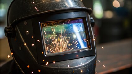 Aufkleber - Closeup on the welders visor where tiny glowing sparks appear suspended in the reflection transforming the surface into a captivating spectacle of light and energy.