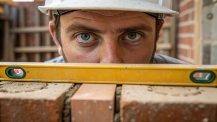Poster - Detailed closeup of the masons intense eyes framed by dusty as he inspects the alignment of his work highlighting concentration and the critical attention to detail required in