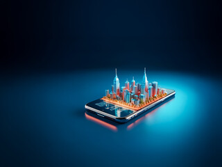Poster - Modern city miniature displayed on a smartphone, illuminated by vibrant lights against a dark backdrop. A technological marvel showcasing urban development and digital connectivity.