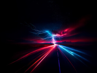 Fototapete - Streaks of red and blue light race towards the horizon under a dark, stormy sky with flashes of lightning. Dynamic and abstract scene.