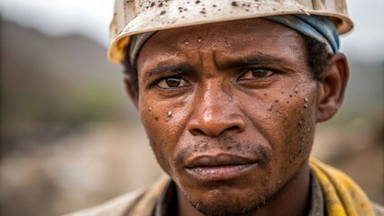 Poster - Medium closeup of the laborers face focused and determined with beads of sweat mixing with soil on the forehead capturing a moment of concentration amidst the hard work.