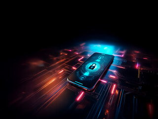 Poster - A secure smartphone with a lock icon glows on a digital circuit surface in the dark, representing modern mobile security and data protection.