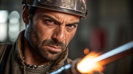Poster - Medium closeup of the welders face sweat beading on his forehead and eyes squinting showcasing the determination etched in his features as he directs the torchs flame towards a