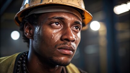 Poster - Medium closeup of the workers determined expression beads of sweat forming on their brow as they concentrate on a task. The industrial lighting casts shadows accentuating the