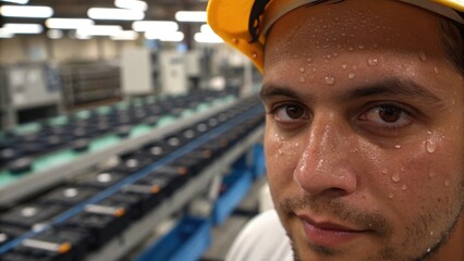 Aufkleber - Sweat beads on the workers forehead captured in a closeup revealing the physical effort required in the assembly process with rows of electronic devices in the background hinting