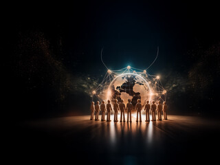 Aufkleber - Silhouetted figures stand encircling a luminous globe. Illuminated lines extend from the world, connecting to the people, all against a dark, starlit backdrop.