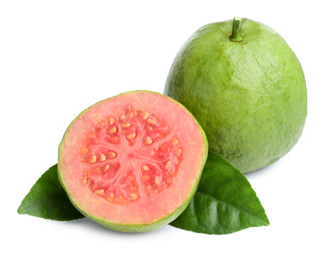 Wall Mural -  - fresh whole and cut guava fruits with leaves isolated on white
