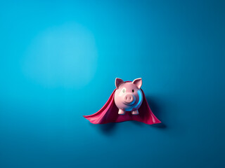 Poster - A pink piggy bank, draped in a red cape, stands against a vibrant blue backdrop. The scene humorously suggests saving money with a superheroic flair, emphasizing financial strength.