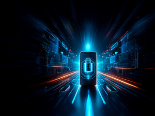 Poster - Futuristic phone security concept with a glowing lock on the screen. Abstract blue and orange light streaks suggest speed and digital connection.  Technological and secure mobile access.