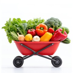 Freshly harvested vegetables in a red wheelbarrow against a white background, showcasing vibrant colors