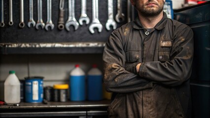Poster - The mechanic leans against a tool bench in a closeup with elements like wrenches and oil cans blurred in the background. His greasestained uniform stands in stark contrast to the
