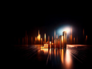 Poster - Gleaming golden bars in step formation on a reflective surface, set against a dark backdrop. Abstract and elegant representation of growth.