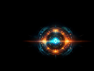 Aufkleber - futuristic glowing circle design element with vibrant orange and blue light bursts on a dark backdro
