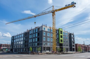 Poster - Construction Crane Lifts Building Materials to New Apartment Complex Under Construction on a Sunny Day
