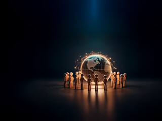 Aufkleber - A group of figures stand in a circle, illuminated around a glowing Earth globe.  Light rays shine down from above in a dark atmosphere, suggesting connection and global community.