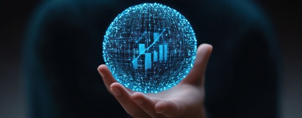 Leinwandbilder - Hand Holding Digital Sphere with Growing Bar Chart and Data Visualization Concepts in Modern Technology Context