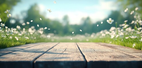 Poster - Serene Wooden Platform Surrounded by Fresh Greenery and Delicate Wildflowers Under a Bright Blue Sky
