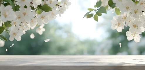 Poster - Beautiful Blooming White Flowers Framing a Wooden Table with Soft Green Background and Delicate Light Bokeh
