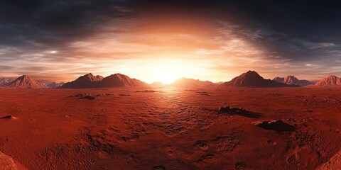 Wall Mural - Vast Red Desert Martian Landscape at Sunrise with Distant Mountains and Textures