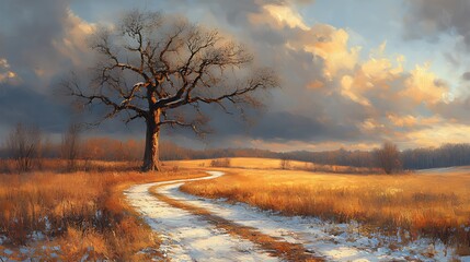 Wall Mural - Winter oak tree, snowy road, sunset field, landscape painting