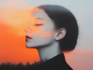 Wall Mural - serene woman profile portrait with sunset sky overlay