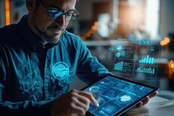 Poster - A person holding a tablet with a modern and innovative user interface