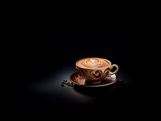 Poster - A steaming cup of latte art coffee with a delicate leaf design is presented on a saucer, surrounded by scattered coffee beans against a dark backdrop.