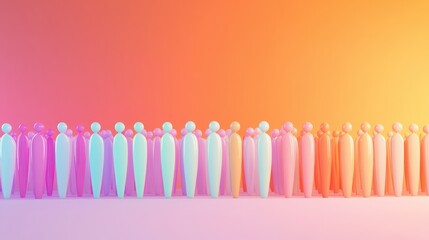 Poster - Colorful Silhouettes of Diverse Figures Standing in Line Against a Gradient Background in Soft Pastel Colors