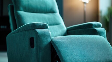 Poster - A comfortable green recliner chair with a remote control for easy use