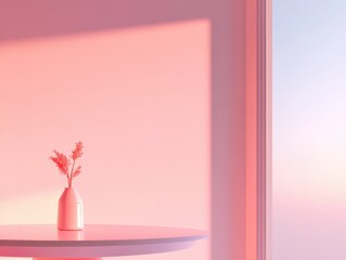 Canvas Print - interior scene with vase and flowers on table, bathed in pink light.