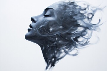 Wall Mural - a monochrome artistic illustration of a woman's face in profile with wisps of smoke, creating a dreamy and ethereal atmosphere