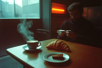 Sticker - Warm Coffee and Croissant Breakfast Scene