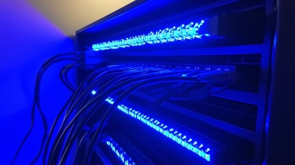 Poster - Close-up view of illuminated network cables in a server rack showcasing technology in action