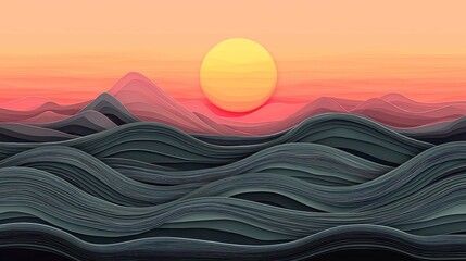Wall Mural - sunset landscape: layered mountains and dark waves - abstract paper art design