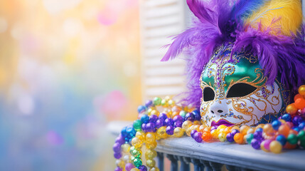 Wall Mural - Colorful mardi gras mask with beads in festive setting