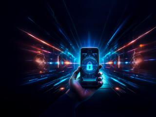 Poster - Hand holding a smartphone displaying a lock, representing digital security. Abstract background with glowing streaks and beams suggests futuristic tech.