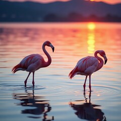Wall Mural - pink flamingos wading in shallow water at sunset, evening, nature, shallow