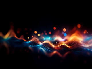 Poster - Abstract flowing waves of orange, yellow, and blue light on a dark backdrop. Soft bokeh lights create a glowing and energetic feel in this abstract design.