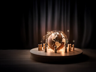 Aufkleber - Wooden figures encircle a glowing globe placed on a round platform. Fairy lights illuminate the world, creating a spotlight effect against a dark curtain backdrop.