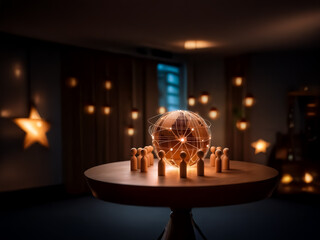 Aufkleber - A group of wooden figures encircles a glowing globe resting on a round table. Warm, blurred lights softly illuminate the room's backdrop, suggesting connections.