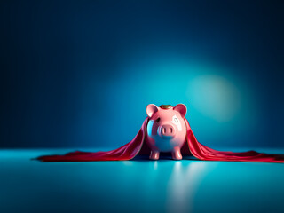 Aufkleber - A piggy bank with a flowing red cape stands on a blue surface, resembling a superhero. Symbolizes financial strength, savings, and economic power in a vibrant setting.