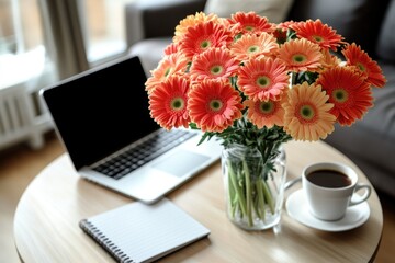 Poster - A still life scene with a vase of flowers sitting next to a laptop on a table
