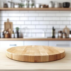 Aufkleber - An empty, beautifully crafted round wood tabletop counter is poised for showcasing products in a clean and bright kitchen setting