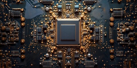 Poster - Highly Detailed Photograph of an Integrated Circuit with Gold Connections and Complex Design Elements